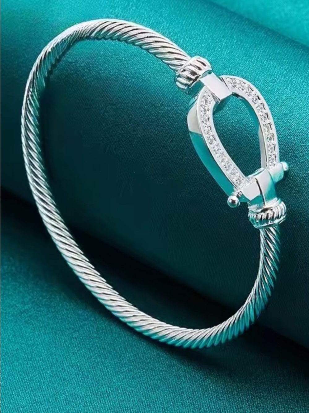 Silver Twisted Cable Bracelet with Crystal Horsebit Accent - Silver - Picture 2 of 3